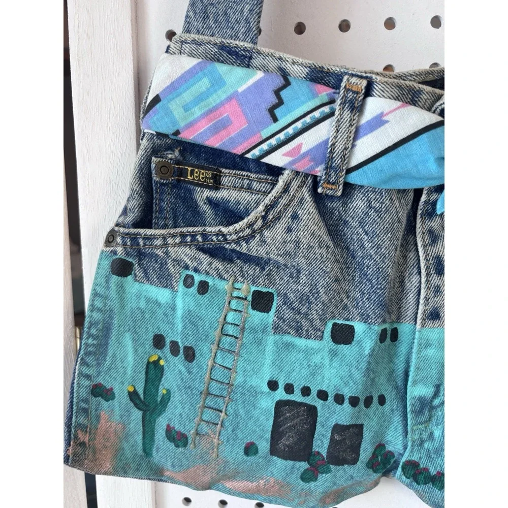 VTG Lee Denim Jeans Shoulder Bag Purse Handpainted Southwestern 90s Belted - Picture 3 of 11